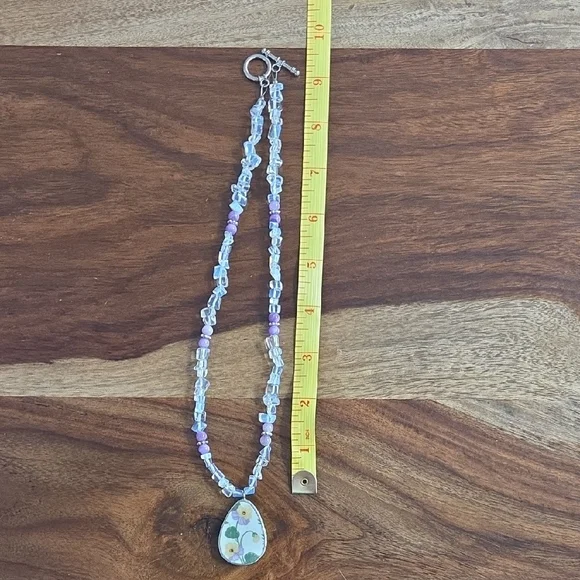 Elegant Floral Broken China Pendant Necklace with Opalite and Purple Accents - Picture 6 of 6